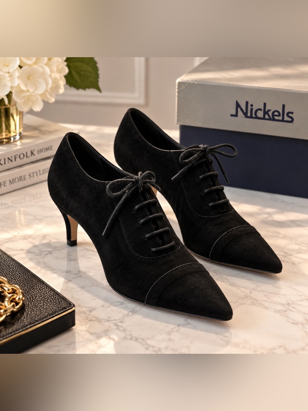 Nickels Black Suede Lace-Up Pointed-Toe Heels vintage  Sz 6.5